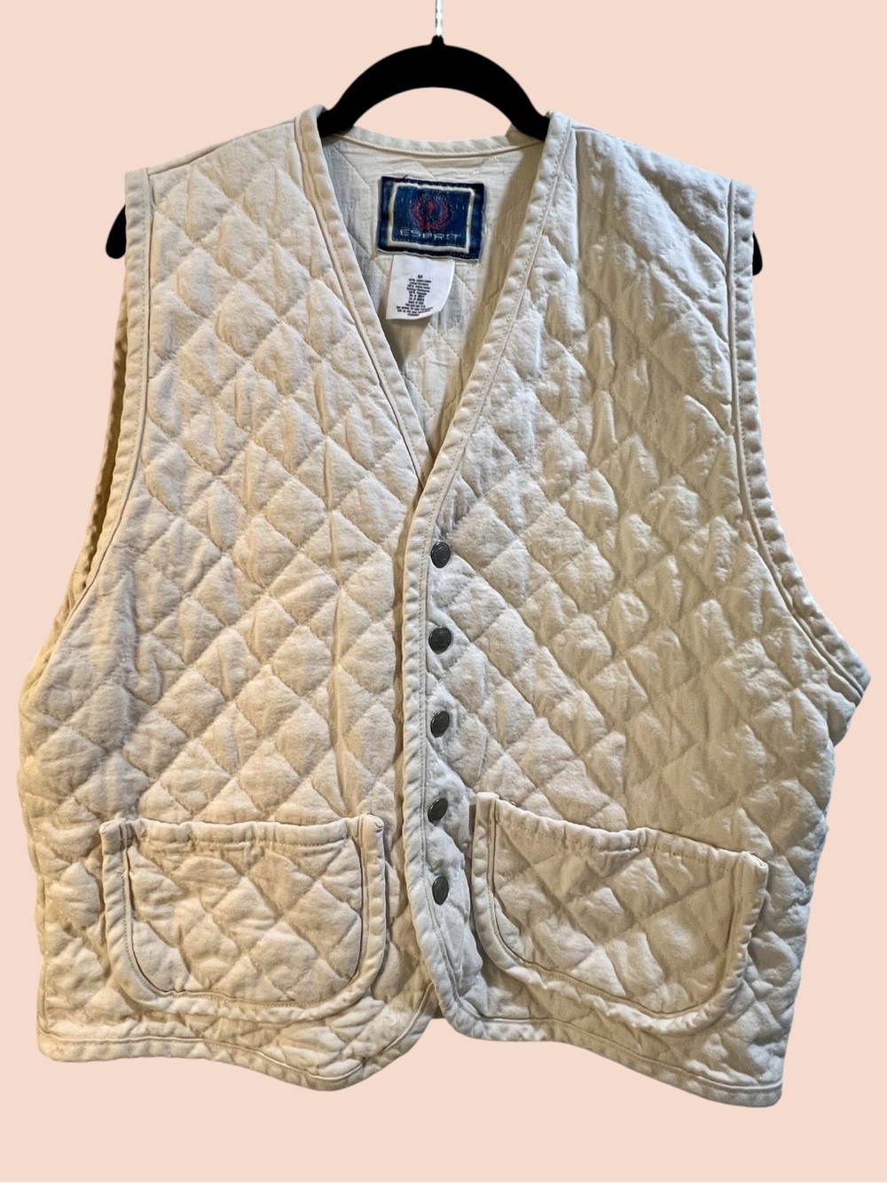 Vintage 90s Esprit Denim Tag Cream Quilted Cotton Snap Vest (fits S or M)